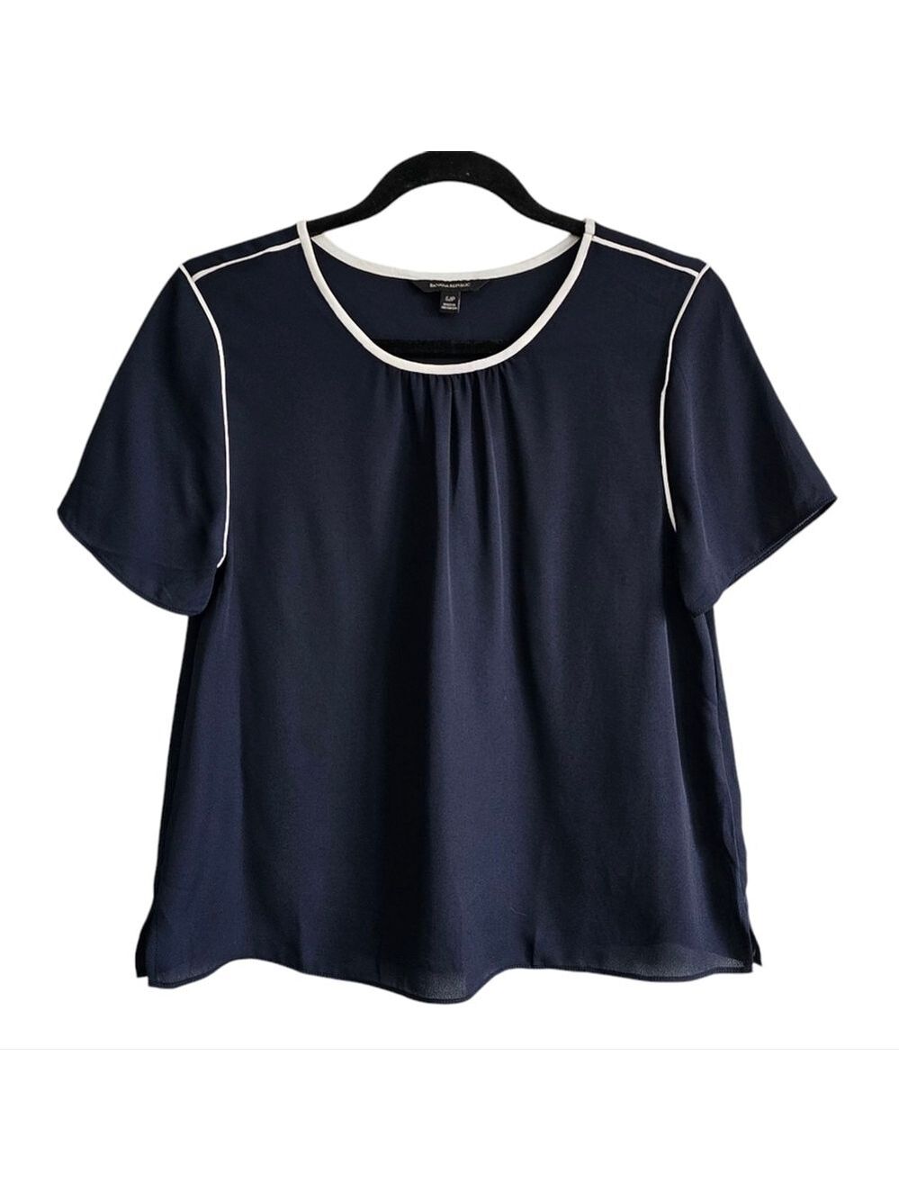 Banana Republic Navy Short Sleeve Blouse Top Contrast Stitching Sz Small